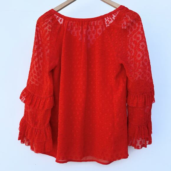 Tory Burch Swiss Dot Textured Red Orange Bell Sleeves Blouse 4 Top Boho Ruffle - Picture 4 of 10